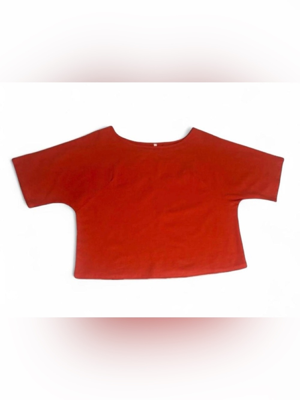 Neon Red Orange Solid Knit Shirt Round Neck Short Sleeve Cropped Cotton Size L